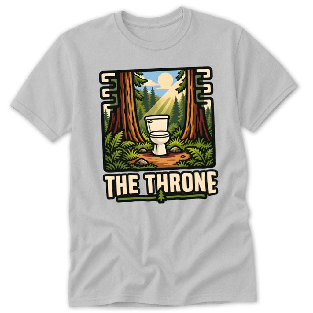 Toilet in forest scene with text "THE THRONE" on a gray t-shirt.