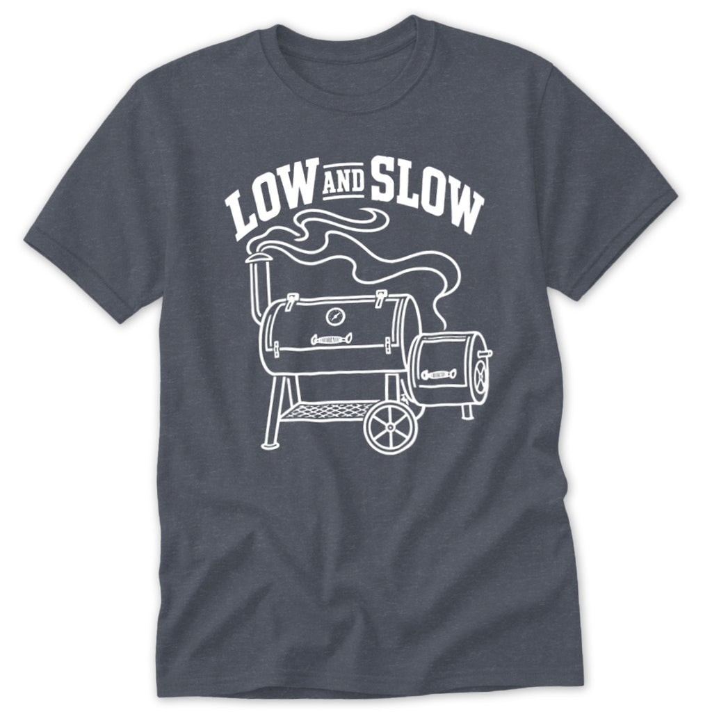 Dark t-shirt with "LOW AND SLOW" text and a drawing of a smoker.