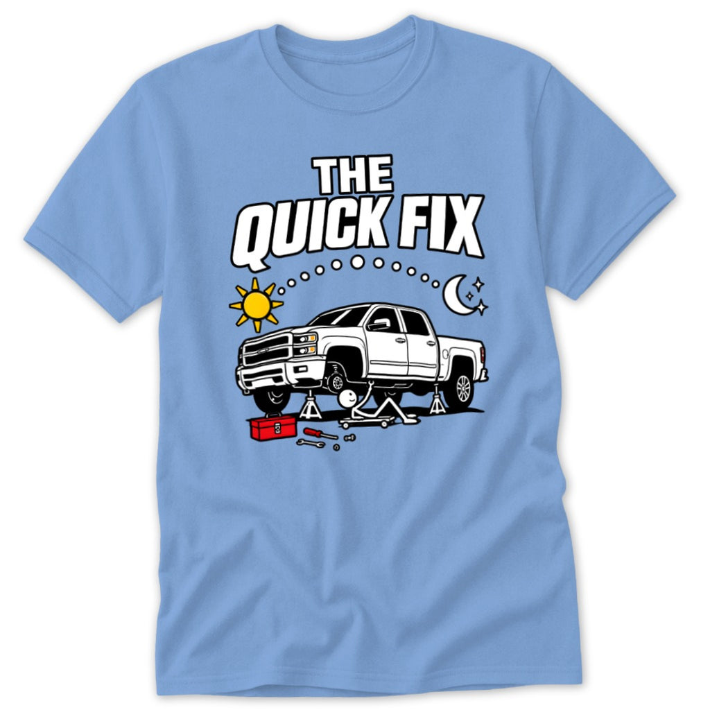 White pickup truck on lift with tools, sun, moon, and text "THE QUICK FIX".