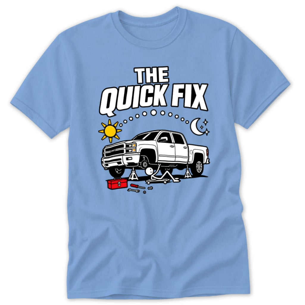White pickup truck on lift with tools, sun, moon, and text "THE QUICK FIX".