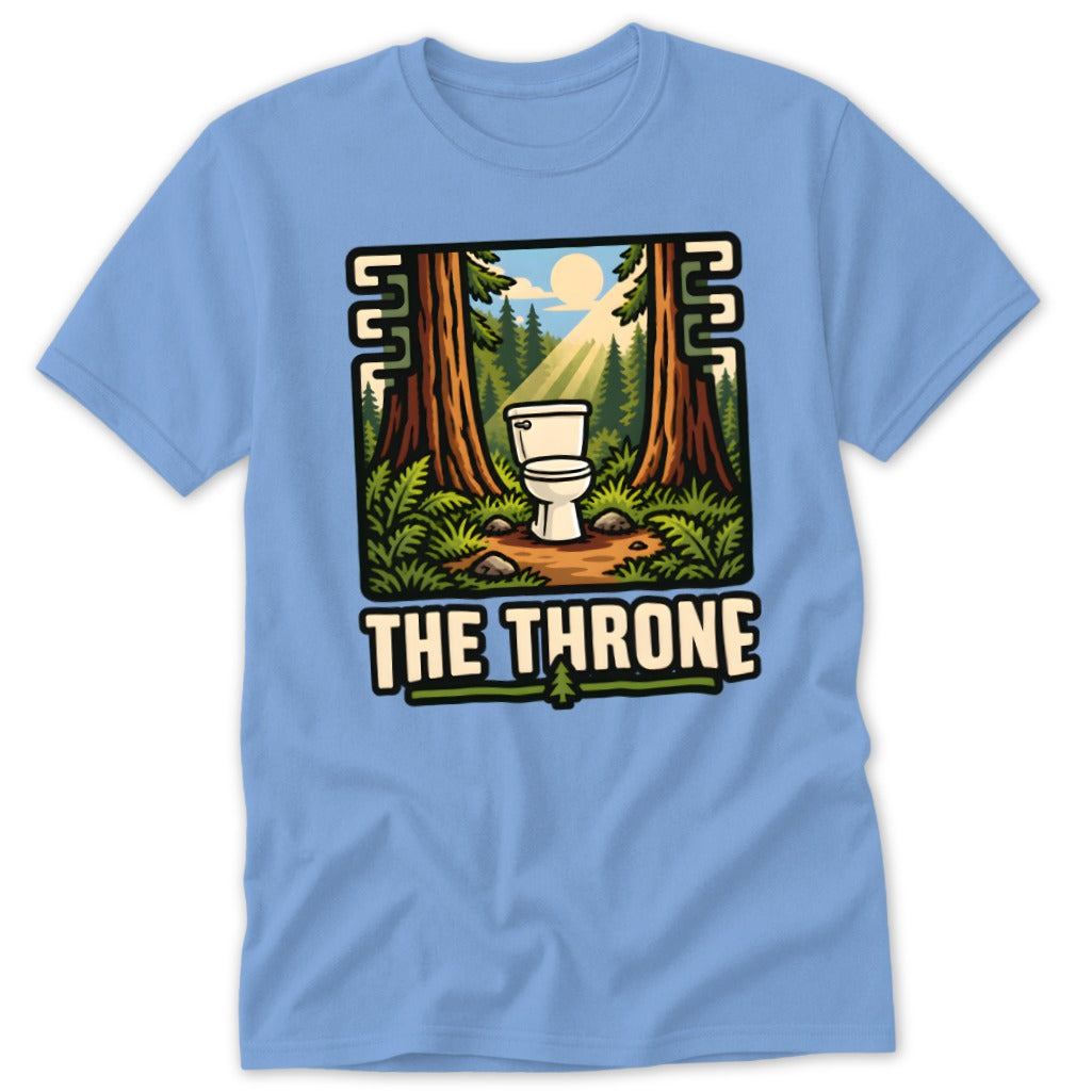 Toilet in forest clearing with "The Throne" text below.