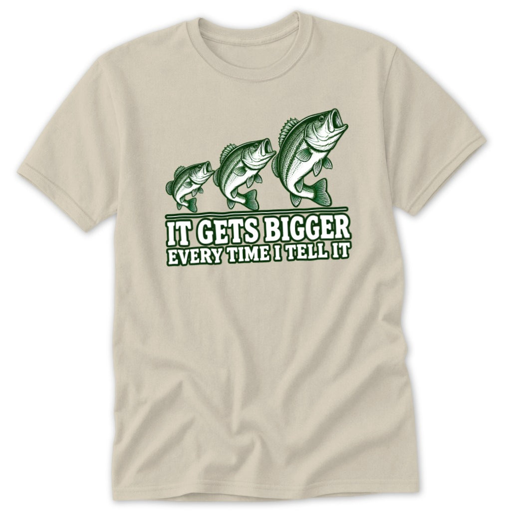 T-shirt with three bass fish and text "It Gets Bigger Every Time I Tell It".