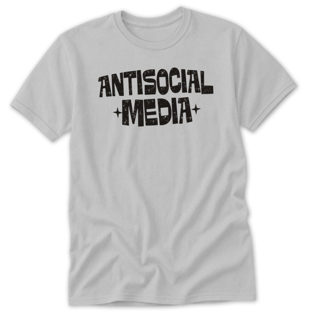Light gray t-shirt with black distressed text "ANTISOCIAL MEDIA" and plus signs.
