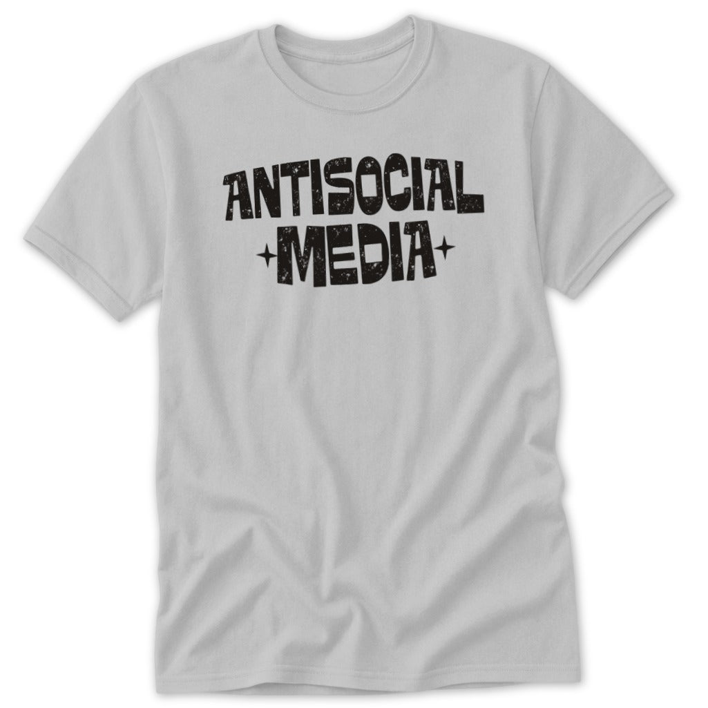 Light gray t-shirt with black distressed text "ANTISOCIAL MEDIA" and plus signs.