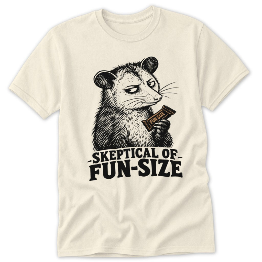 Opossum holding a "Fun Size" candy bar with text "Skeptical of Fun-Size".