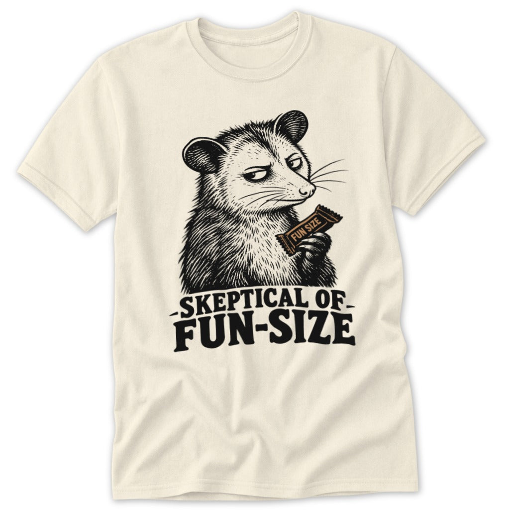 Opossum holding a "Fun Size" candy bar with text "Skeptical of Fun-Size".