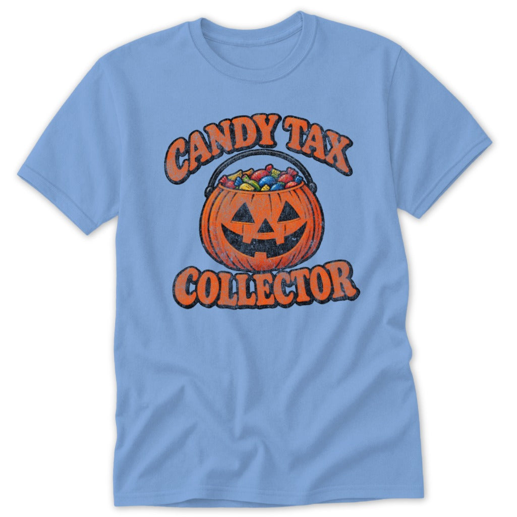 Light blue t-shirt with "Candy Tax Collector" and a pumpkin bucket of candy.