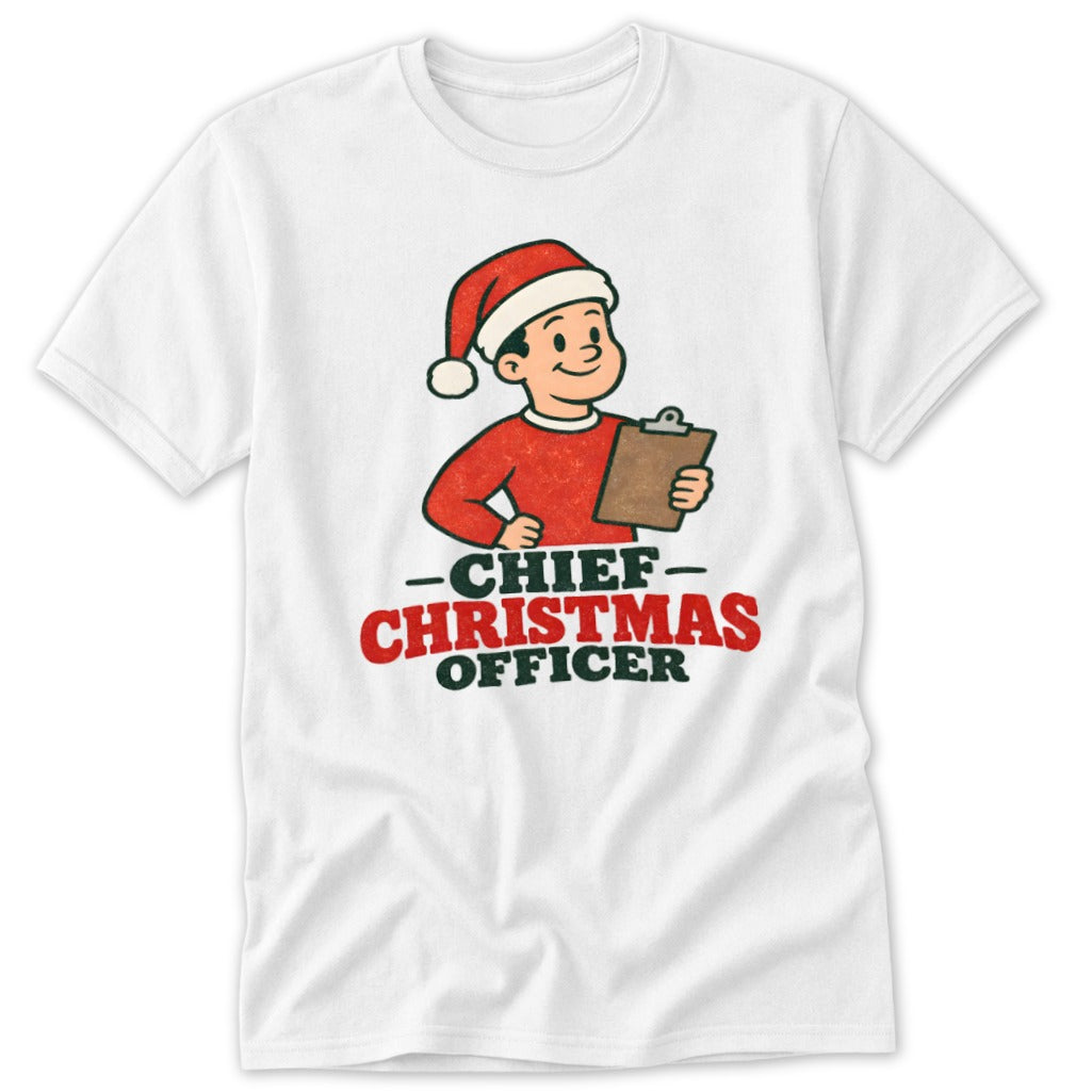 White t-shirt with cartoon boy in Santa hat holding clipboard, text reads "Chief Christmas Officer".