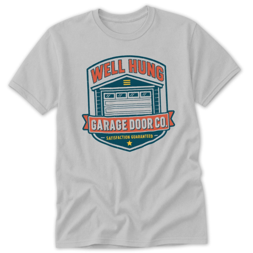 Grey t-shirt with Well Hung Garage Door Co. logo featuring a garage door.