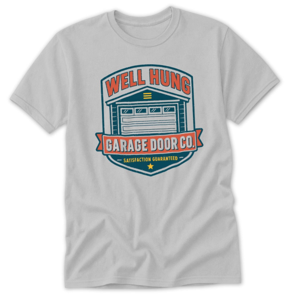 Grey t-shirt with Well Hung Garage Door Co. logo featuring a garage door.