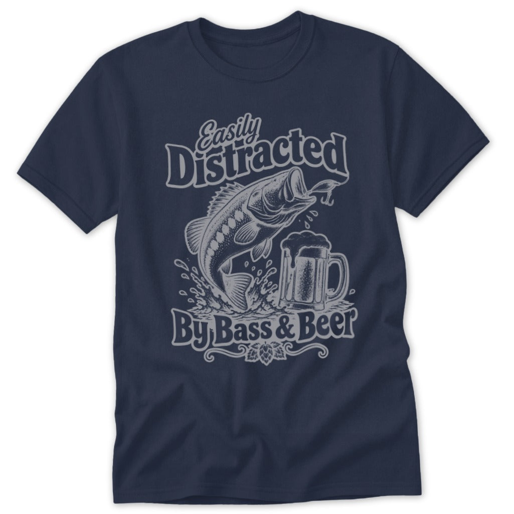 A navy blue t-shirt featuring a graphic with a bass, a beer mug, and the text Easily Distracted By Bass & Beer.