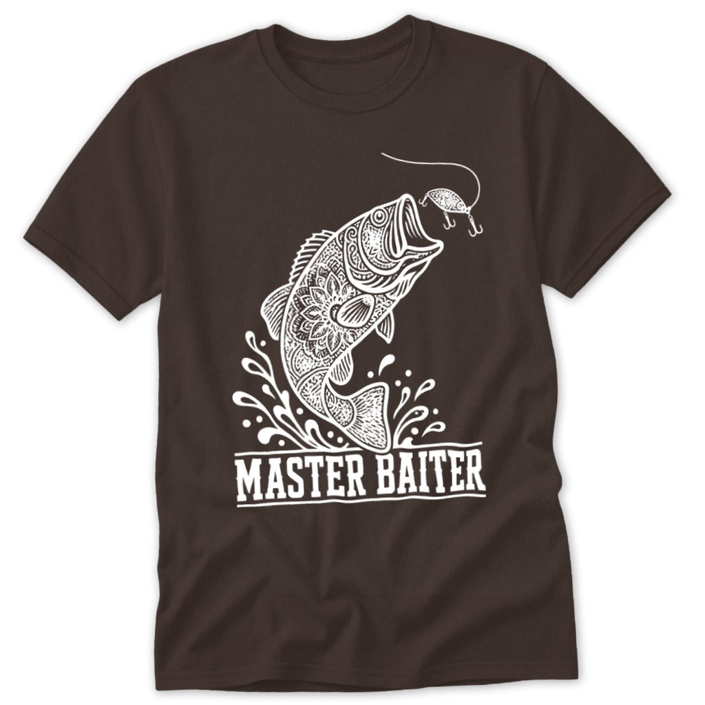 Brown t-shirt with white graphic of a bass jumping for a lure and text "MASTER BAITER".