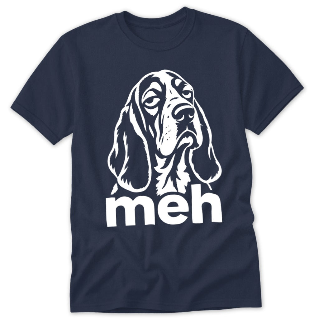 Navy t-shirt with a white graphic of a basset hound's head and the word "meh".