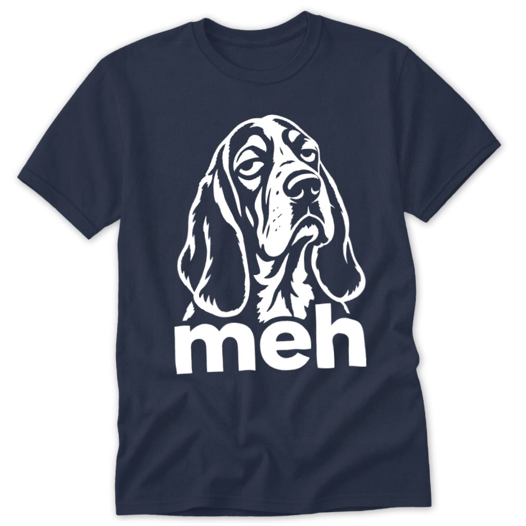 Navy t-shirt with a white graphic of a basset hound's head and the word "meh".