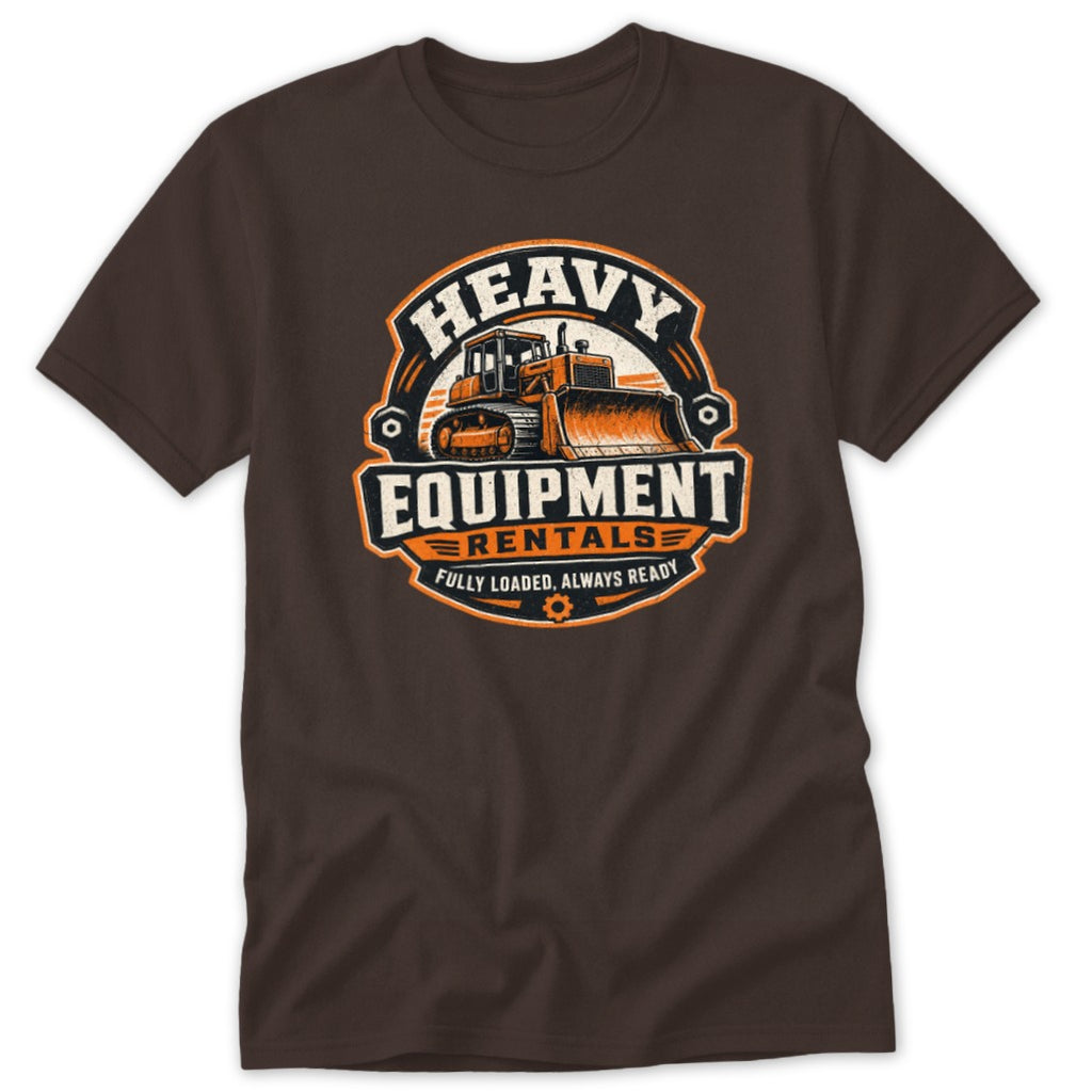 Brown t-shirt featuring a circular graphic with a bulldozer and the text "Heavy Equipment Rentals".