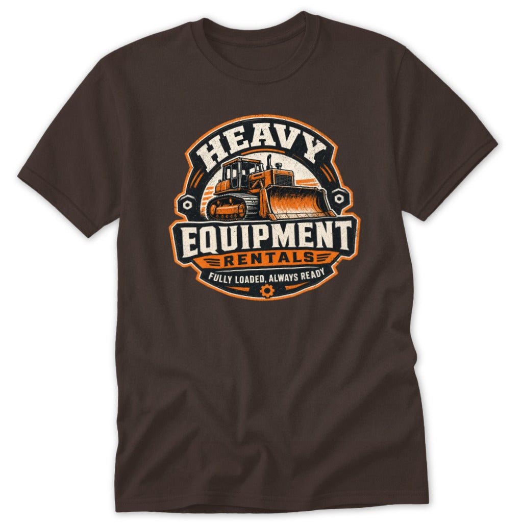 Brown t-shirt featuring a circular graphic with a bulldozer and the text "Heavy Equipment Rentals".