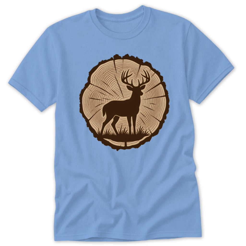 Light blue t-shirt featuring a brown graphic of a deer standing inside a tree cross-section.