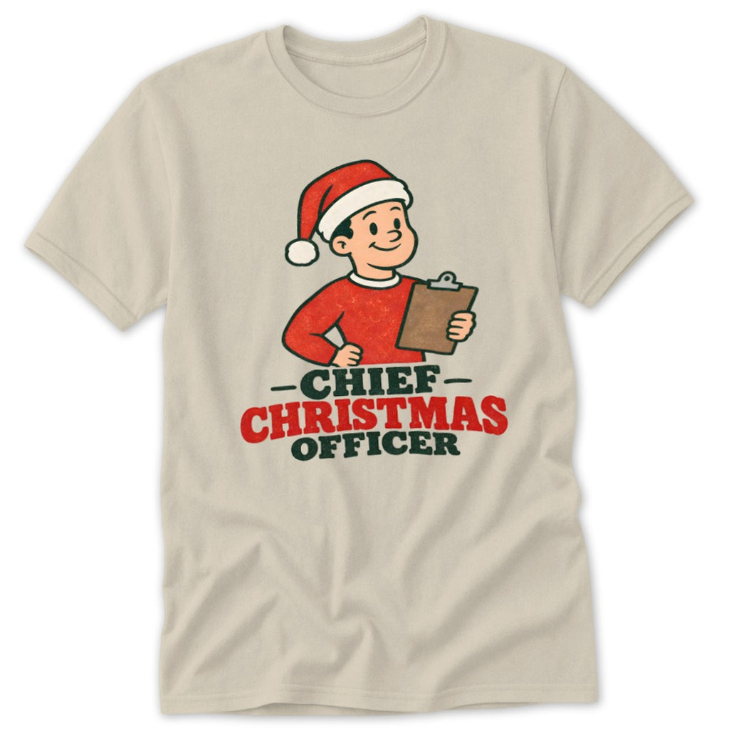 T-shirt graphic of a boy in a Santa hat holding a clipboard with "Chief Christmas Officer" text.