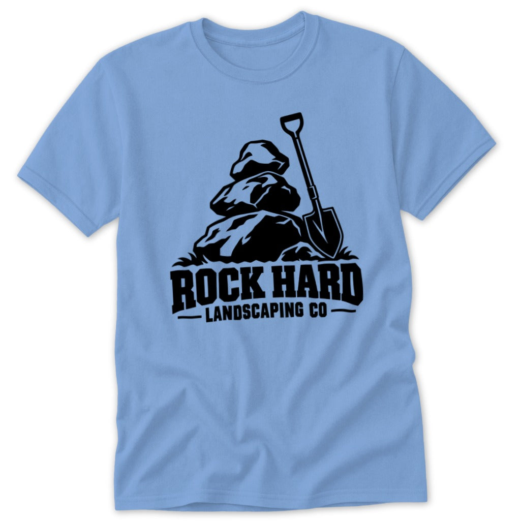 Light blue t-shirt with black graphic of stacked rocks and shovel, text "ROCK HARD LANDSCAPING CO".