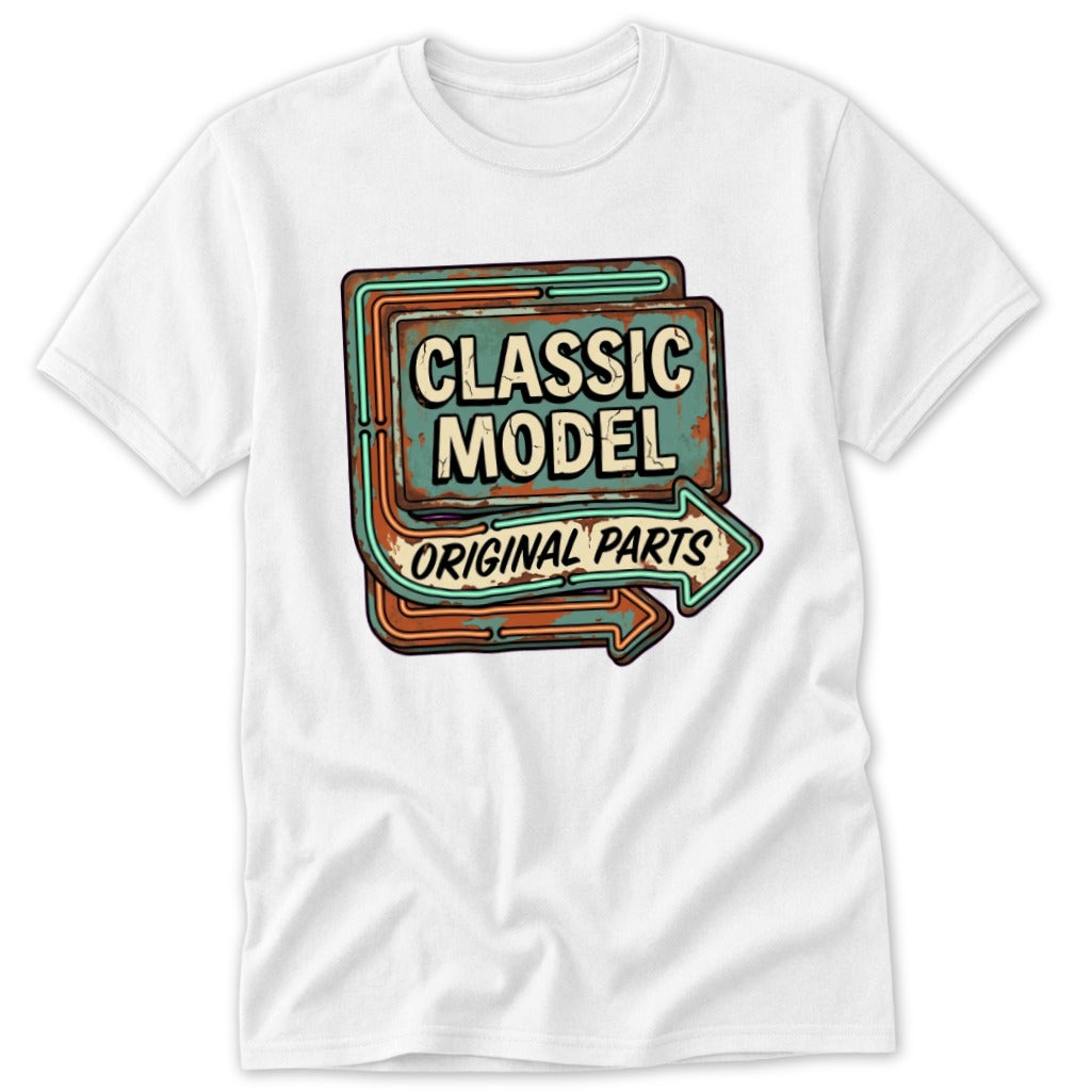 White t-shirt with "Classic Model Original Parts" text in distressed sign graphic.