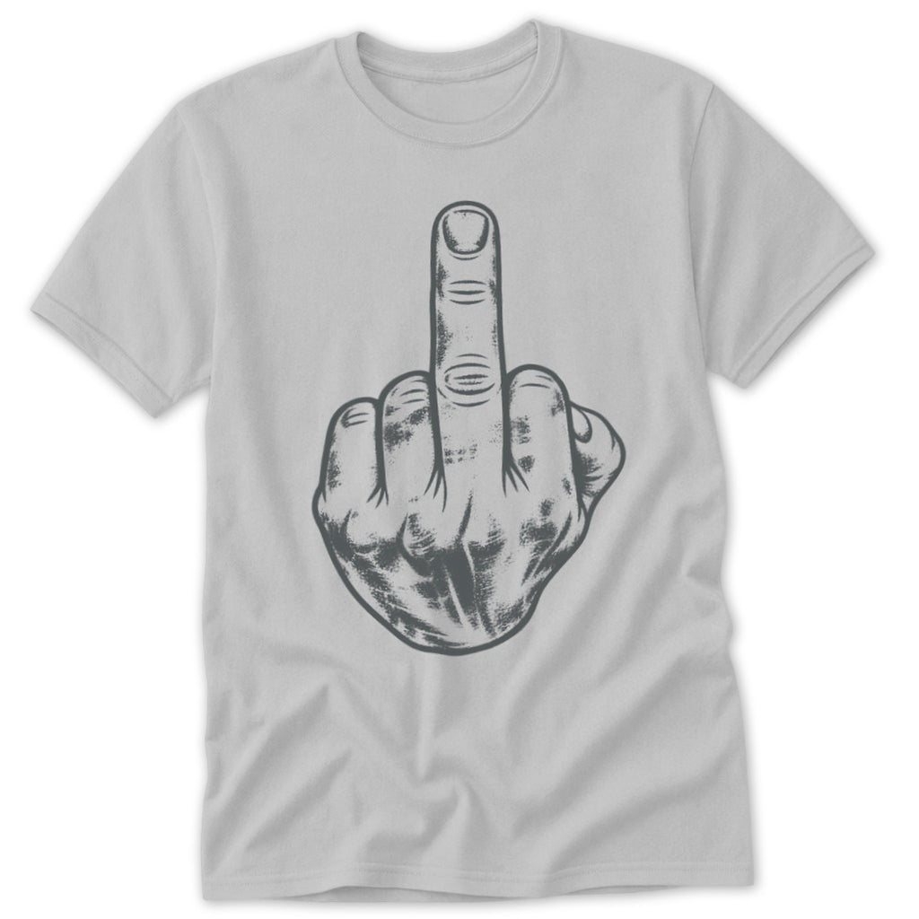 Grey t-shirt with a dark grey graphic of a hand giving the middle finger.