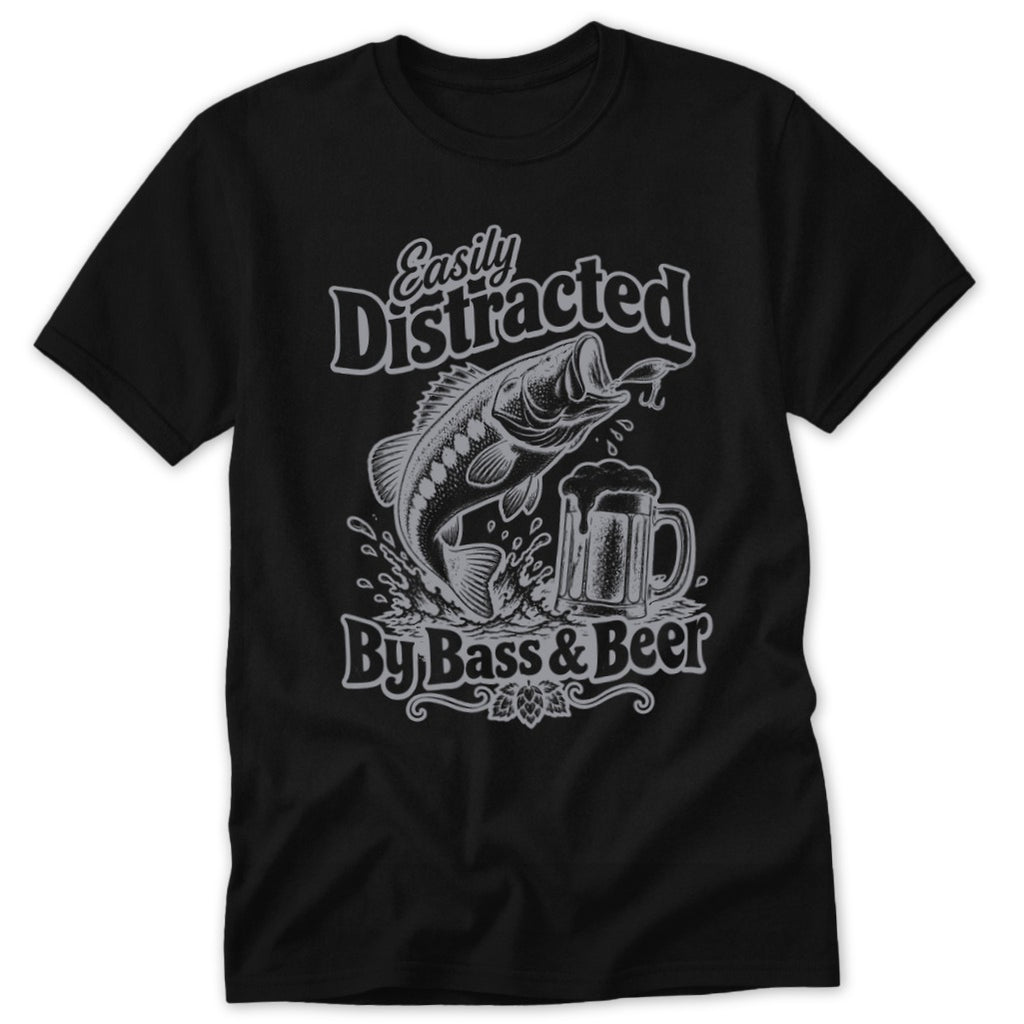 A black t-shirt features a graphic print of a jumping bass fish, a mug of beer, and text reading "Easily Distracted By Bass & Beer".