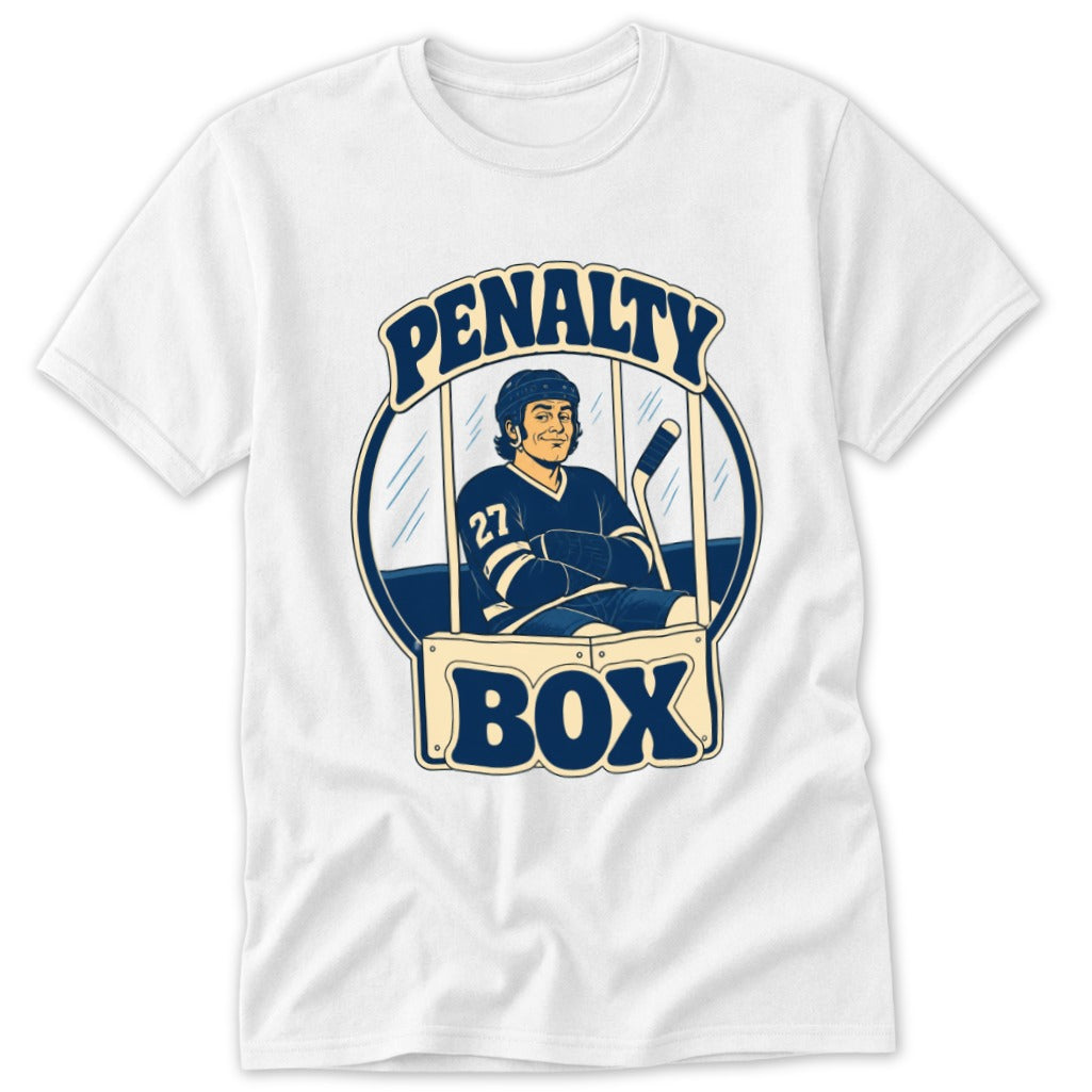 White short-sleeved t-shirt featuring a vintage hockey illustration with text reading Penalty Box.
