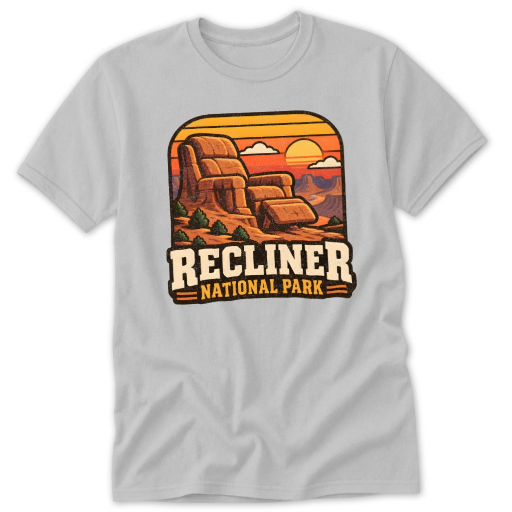 Graphic of a rock formation shaped like a recliner with "RECLINER NATIONAL PARK" text.