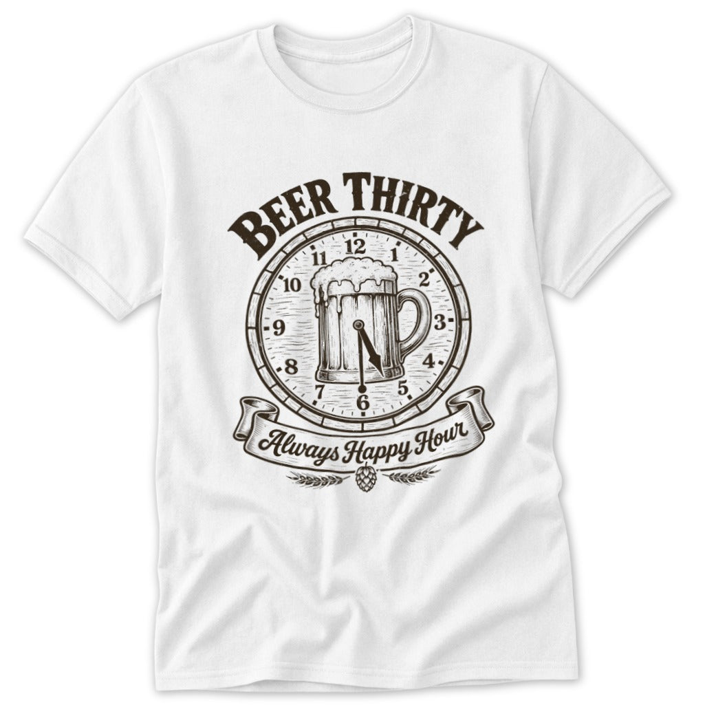 White t-shirt with "Beer Thirty" text and clock featuring a beer mug.