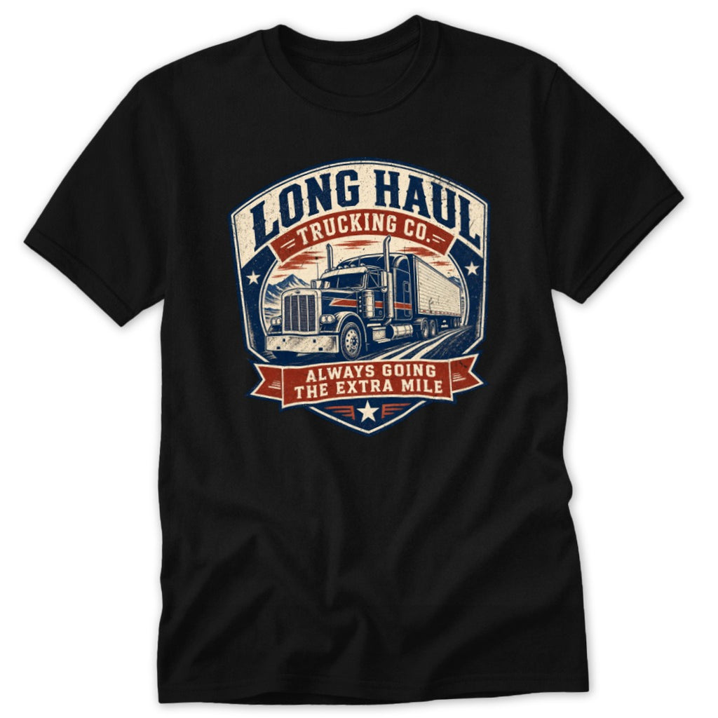 Black crewneck t-shirt featuring a vintage truck graphic with Long Haul Trucking Co text.