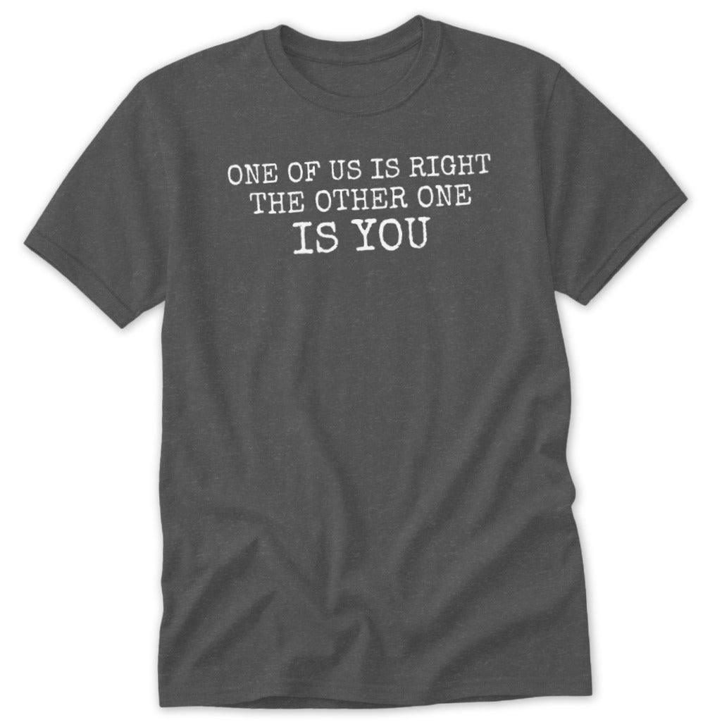 Dark gray t-shirt with white text "One of us is right, the other one is you."