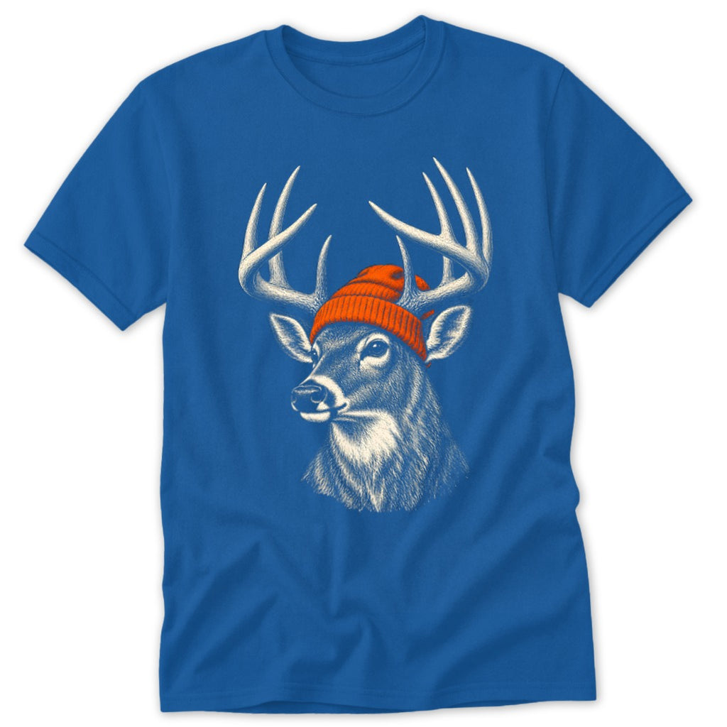 A blue short-sleeved t-shirt featuring a white sketched deer wearing an orange beanie.