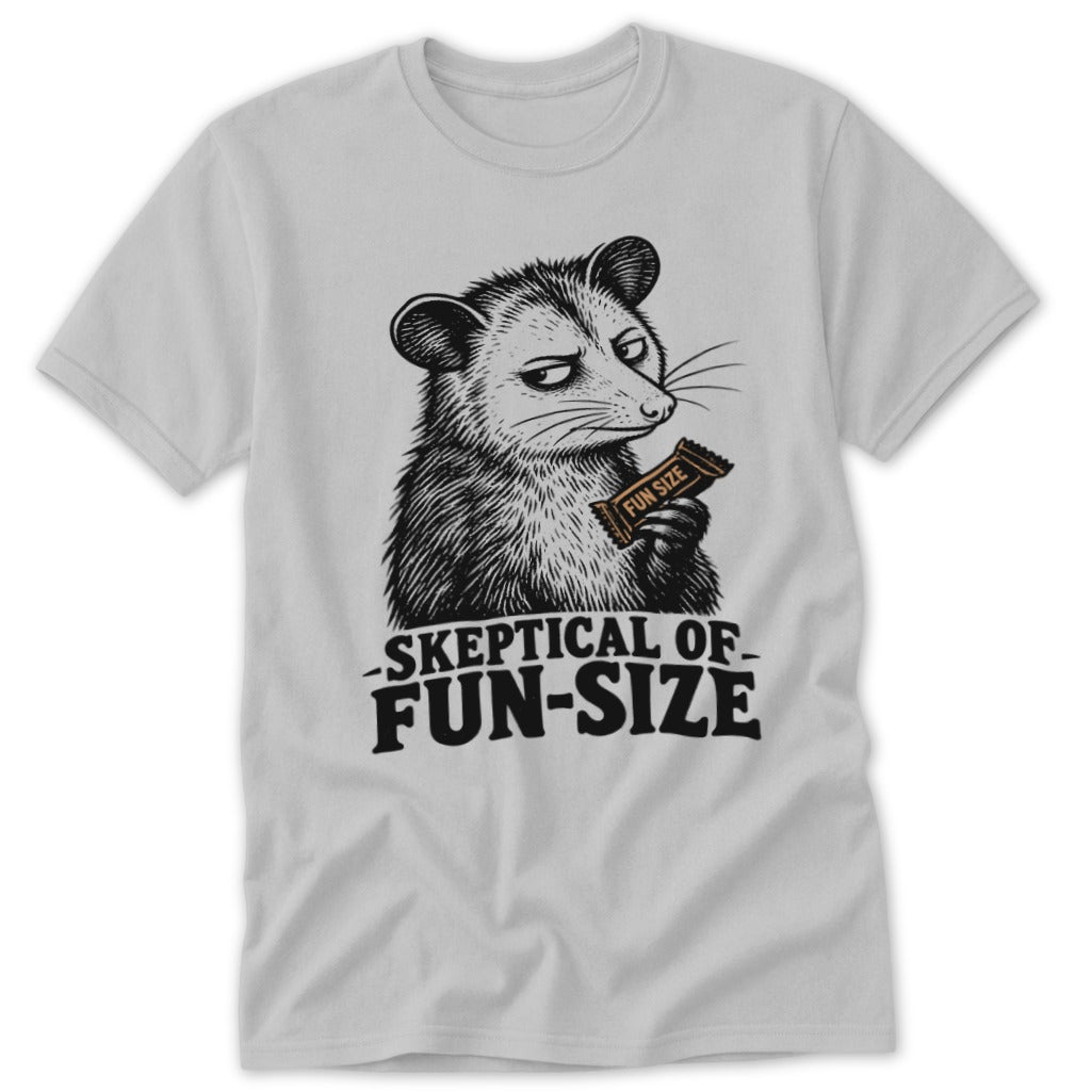 Opossum holding a "Fun Size" candy bar, text reads "Skeptical of Fun-Size".