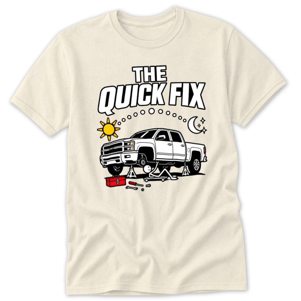 T-shirt graphic with white truck being repaired, "The Quick Fix" text, sun, and moon.