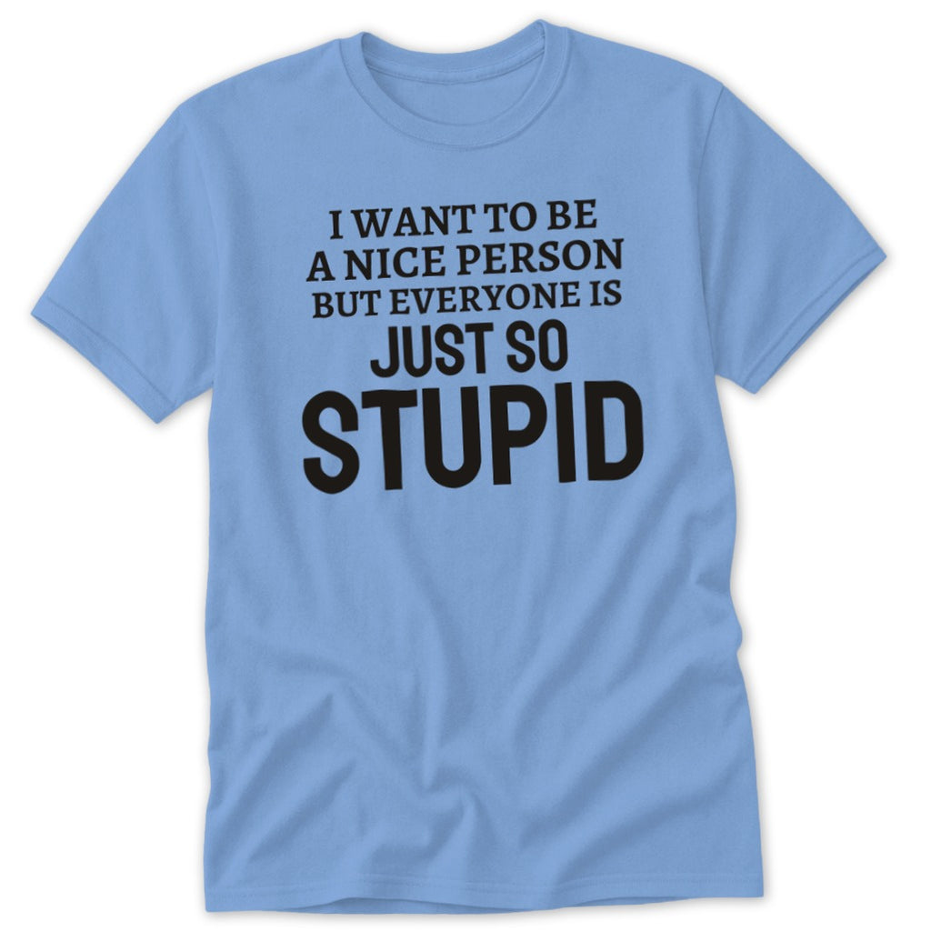 Light blue t-shirt with black text reading "I want to be a nice person but everyone is just so stupid."
