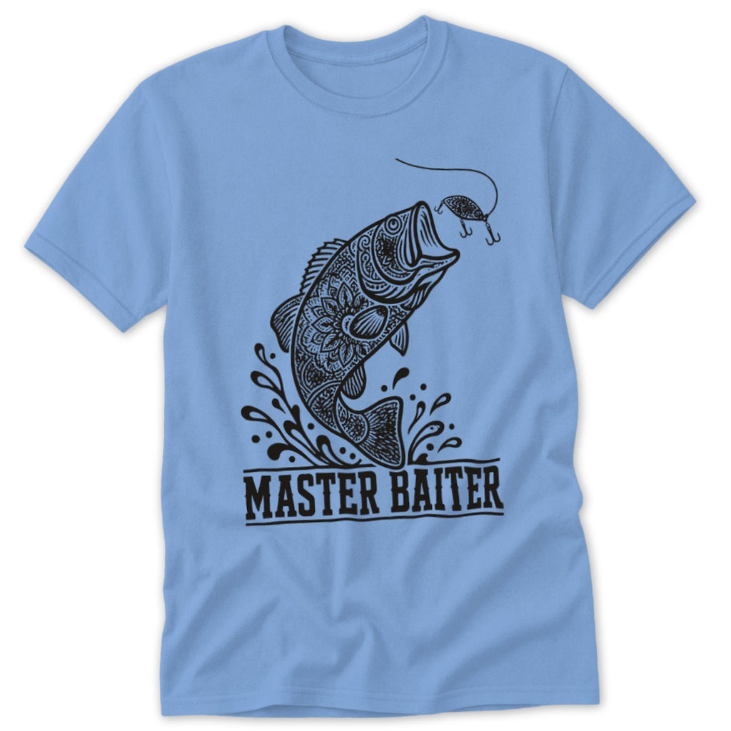 Light blue t-shirt with black graphic of a leaping fish and "MASTER BAITER" text.