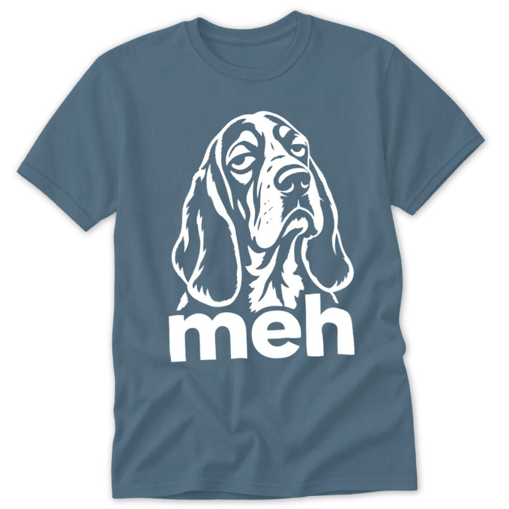 T-shirt with white graphic of a sad Basset Hound and the word "meh".
