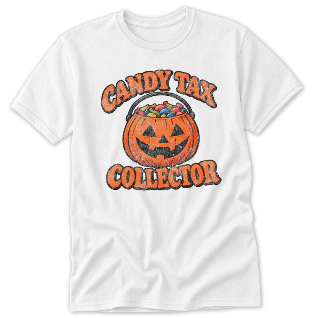 White t-shirt with "Candy Tax Collector" text and a jack-o'-lantern filled with candy.