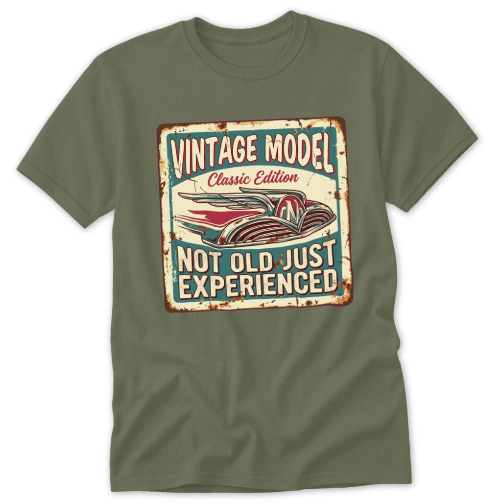T-shirt with vintage model classic edition car and text "Not Old Just Experienced".