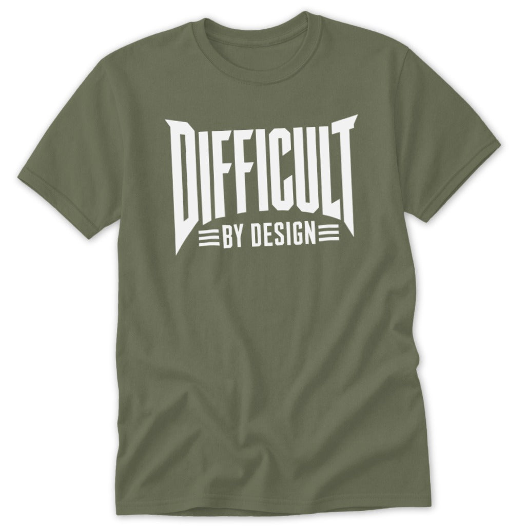 An olive green crewneck t-shirt featuring the white text Difficult By Design centered on the chest.