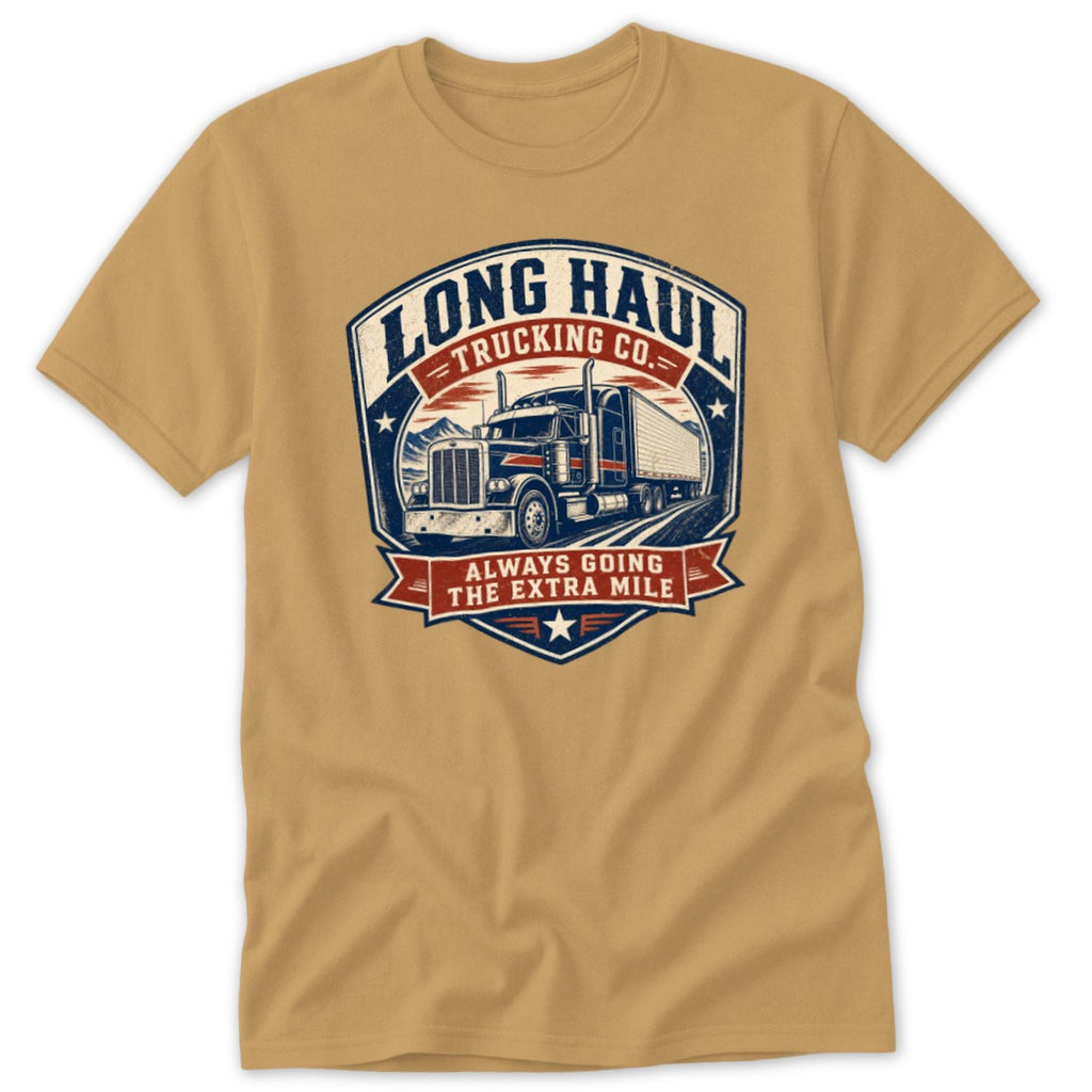Tan t-shirt featuring a vintage truck graphic with text reading Long Haul Trucking Co.