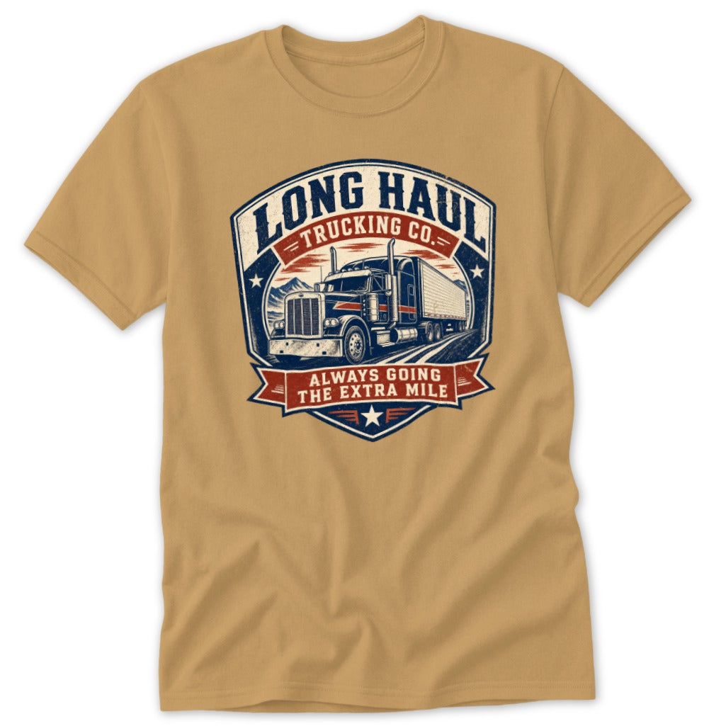 Tan t-shirt featuring a vintage truck graphic with text reading Long Haul Trucking Co.