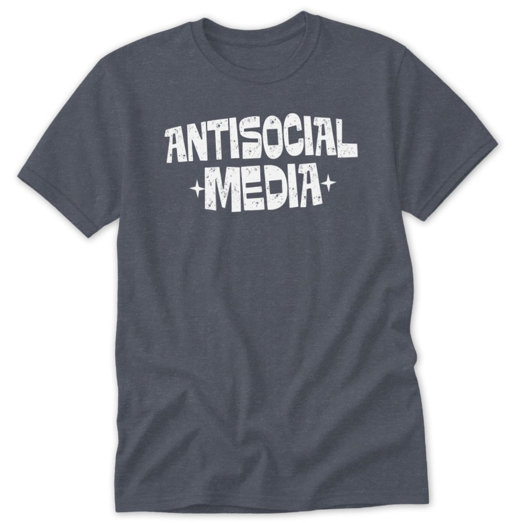 Dark grey t-shirt with white text reading "ANTISOCIAL MEDIA".