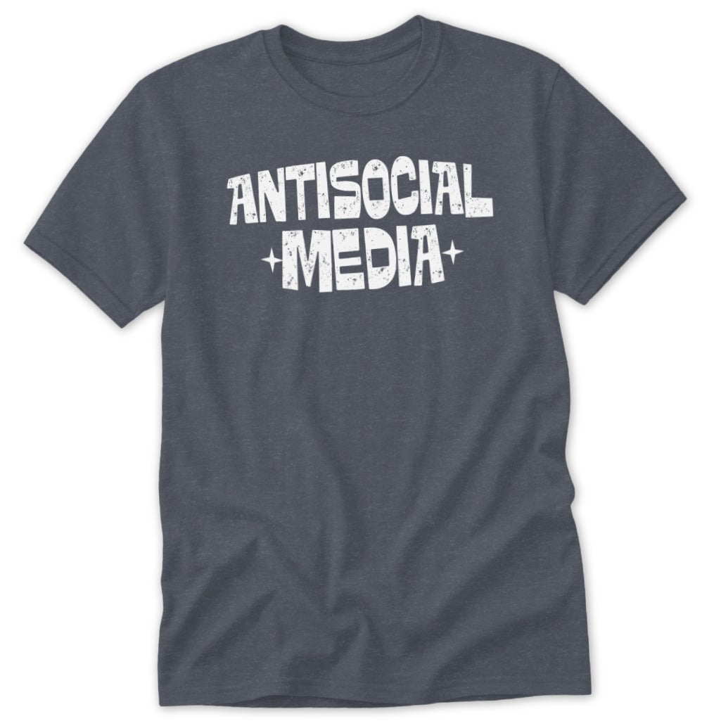 Dark grey t-shirt with white text reading "ANTISOCIAL MEDIA".