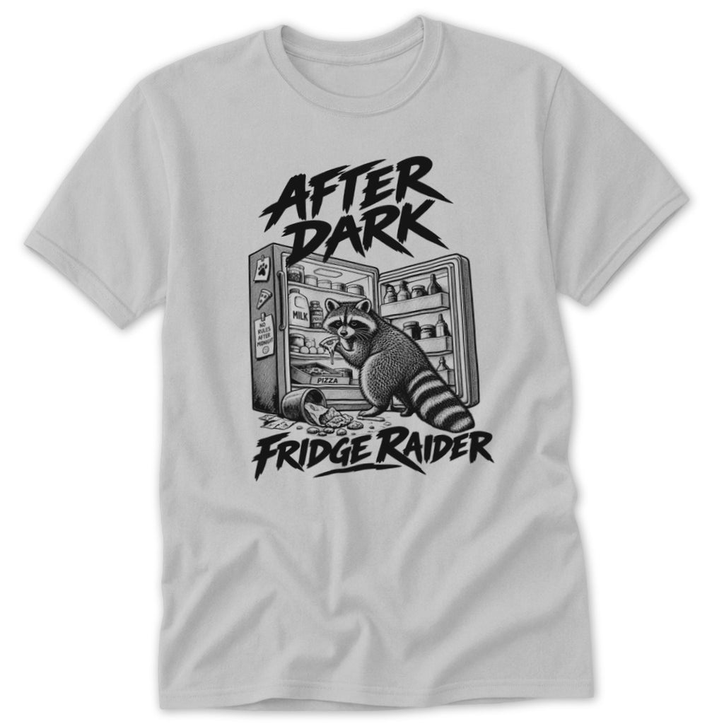 T-shirt graphic with raccoon raiding an open refrigerator, text "AFTER DARK FRIDGE RAIDER".