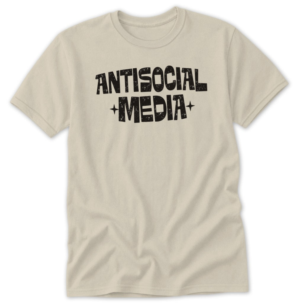 Light tan t-shirt with "ANTISOCIAL MEDIA" in distressed black lettering.