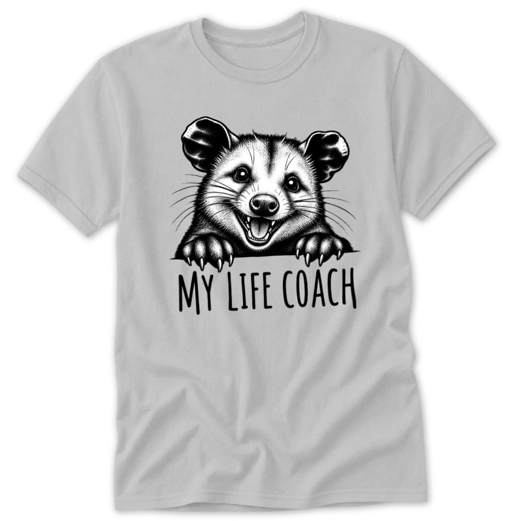 T-shirt with a smiling opossum illustration and "MY LIFE COACH" text.