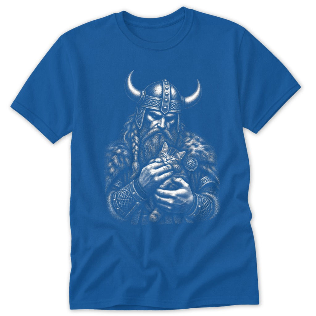 A royal blue short-sleeve t-shirt featuring a white graphic of a horned Viking holding a kitten.