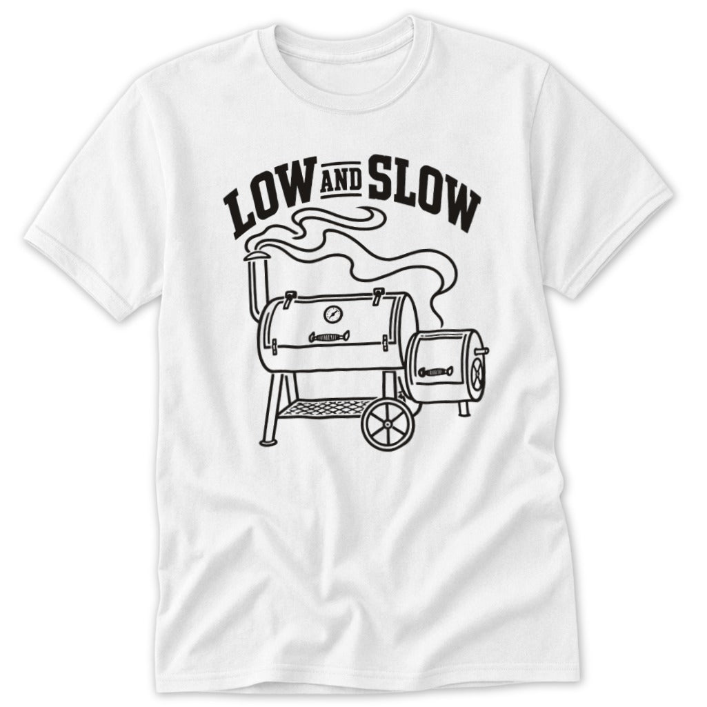 White t-shirt with black "LOW AND SLOW" text and BBQ smoker graphic.
