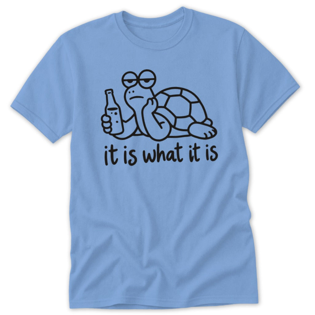A light blue t-shirt printed with a cartoon turtle holding a bottle, accompanied by the text it is what it is.